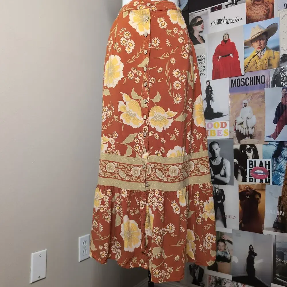 Floral Button-Front Maxi Skirt Boho Designer - Picture 1 of 5